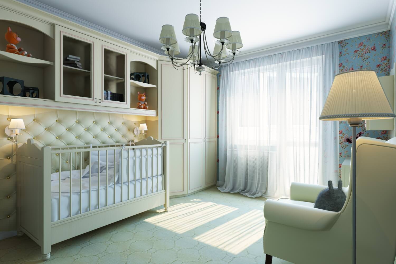Светлый интерьер детской комнаты для новорожденного