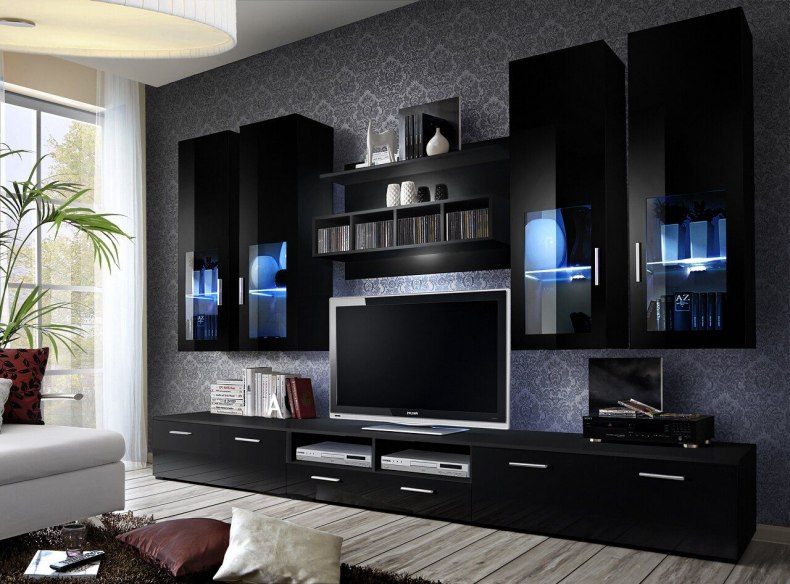Светлая стенка в гостиную в современном стиле с местом под телевизор